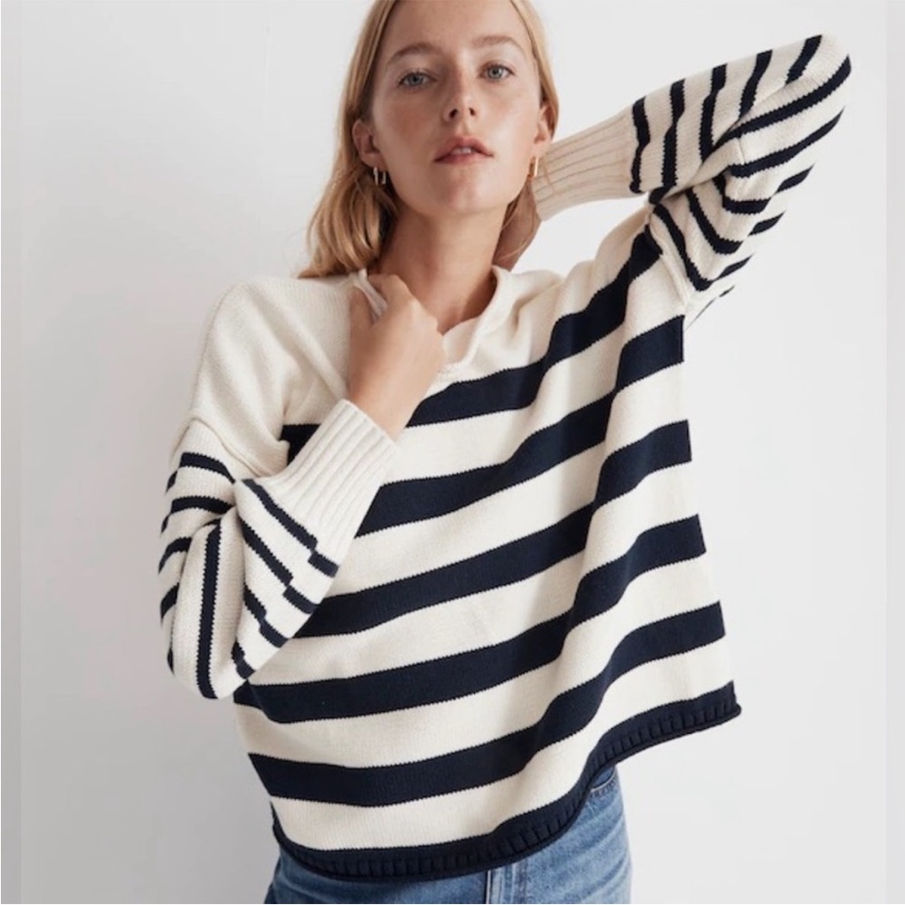 Madewell Conway roll neck navy blue cream stripe sweater 100% cotton